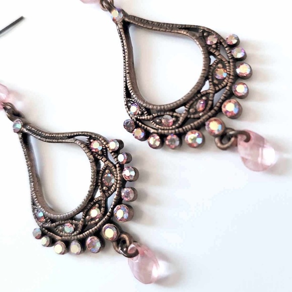 ๐๐ Vintage Copper Bohemian Pink Inlaid Rhinestones Chandelier Earrings - Picture 4 of 6